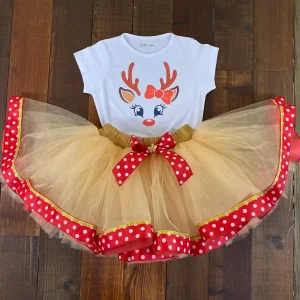 Set de Tutu Dorado con Rojo y Mameluco de Reno Navideño