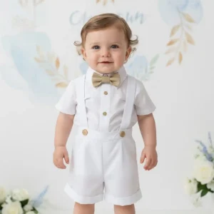 Conjunto de Bautizo Blanco y Beige para Niño con Short y Camisa Manga Corta