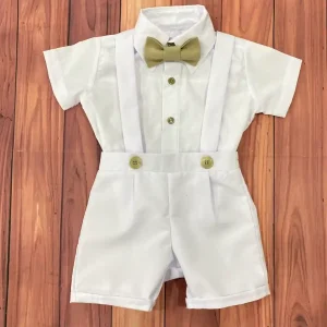 Conjunto de Bautizo Blanco y Beige para Niño con Short y Camisa Manga Corta