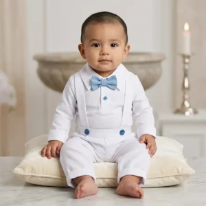 Conjunto de Bautizo Blanco y Celeste para Niño con Pantalón y Mameluco Manga Larga