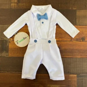 Conjunto de Bautizo Blanco y Celeste para Niño con Pantalón y Mameluco Manga Larga