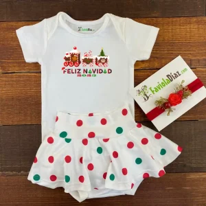 Conjunto de Calzón Falda Vincha y Mameluco Feliz Navidad con Tren