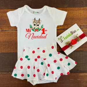 Conjunto de Calzón Falda Vincha y Mameluco Mi Primer Navidad con Reno Bebé