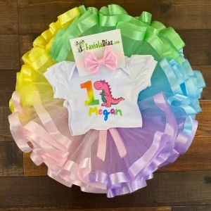 Set de Vincha, Tutu y Mameluco con Manga Bombacha de Dinosaurio