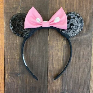Diadema Negra con Orejitas y Lazo Rosado Alusiva a Minnie