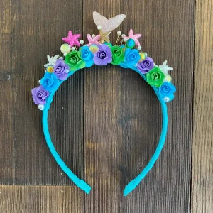 Diadema Turquesa Verde y Morada con Estrellas Flores y Cola de Sirena