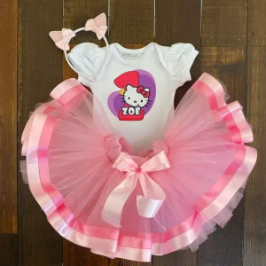 Set de Diadema, Tutu Rosado y Mameluco con Mangas Bombachas alusivo a Hello Kitty