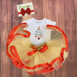 Set de Vincha Tutu Dorado y Mameluco de Mi Primer Navidad Árbol con Nombre