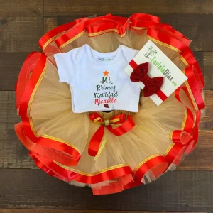 Set de Vincha, Tutu Dorado y Mameluco de Mi Primer Navidad Árbol con Nombre