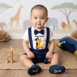 Conjunto de Short Azul y Mameluco alusivo a Jirafa