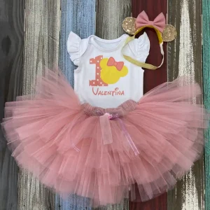 Set de Mameluco con Mangas Aleteadas, Vincha y Tutu Palo Rosa de Minnie