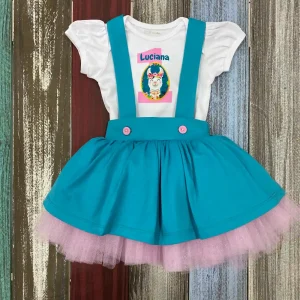 Conjunto Turquesa de Mameluco con Manga Bombacha y Falda de Tirantes alusivo a Llama