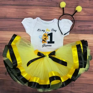 Set de Diadema, Tutu Amarillo y Mameluco con Mangas Bombachas alusivo a Abejita