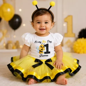 Set de Diadema, Tutu Amarillo y Mameluco con Mangas Bombachas alusivo a Abejita It's my Bee Day