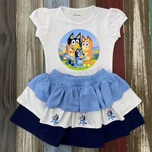 Conjunto de Mameluco con Mangas Bombachas y Falda con Alusivo a Bluey