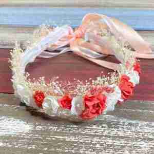 Corona Blanca y Coral con Flores