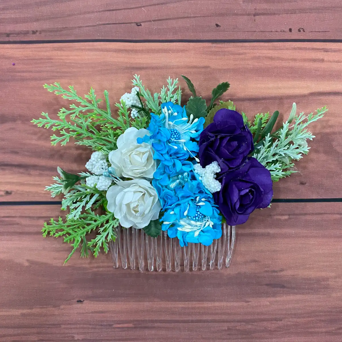 Peineta de Flores Morado, Turquesa y Blanco 1 Peineta de Flores Morado, Turquesa y Blanco