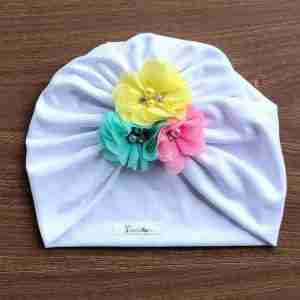 Turbante Blanco de Flores Rosado, Amarillo y Menta