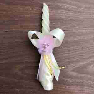 Vela Torneada Beige y Rosada con Flor para Bautizo o Primera Comunión Anette