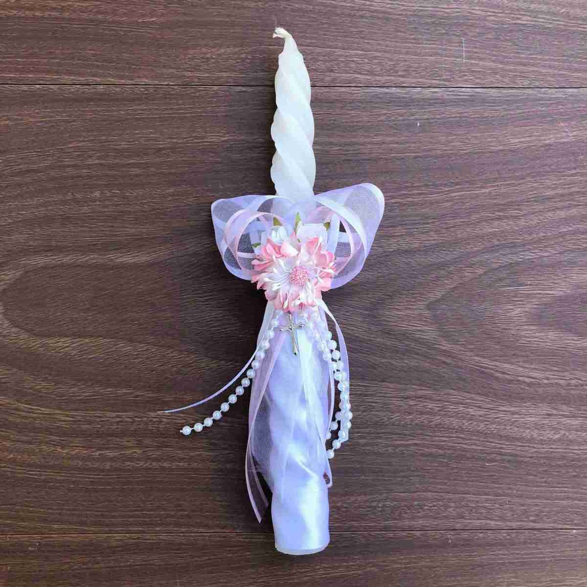 Vela Torneada Blanca y Rosada con Flores para Bautizo o Primera Comunión 1 Vela Torneada Blanca y Rosada con Flores para Bautizo o Primera Comunión