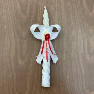 Vela Torneada con Flores Rojas y Blancas para Bautizo