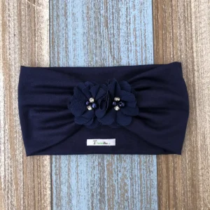 Vincha Azul Marino Turbante con 2 Flores Celia