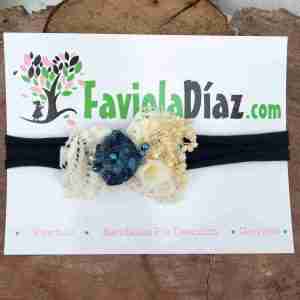 Vincha Azul y Beige con Flor Azul