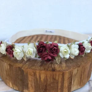 Vincha Beige con Flores Vino y Beige Berenice