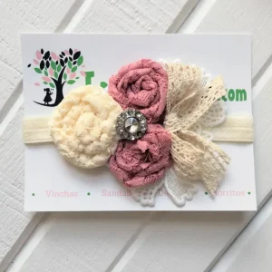 Vincha Beige y Rosa Palo con Flores y Lazo