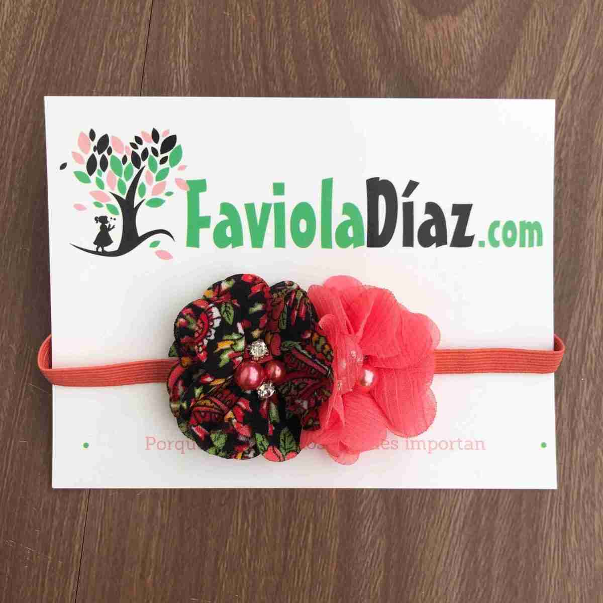 Vincha Coral y Negro con Flores Bianca 1 Vincha Coral y Negro con Flores Bianca