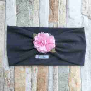 Vincha Gris Turbante con Flor Rosada