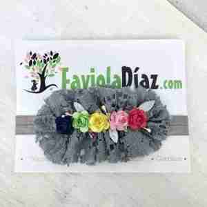 Vincha Gris Vintage con Flores Azul, Verde, Amarillo, Rosado y Rojo