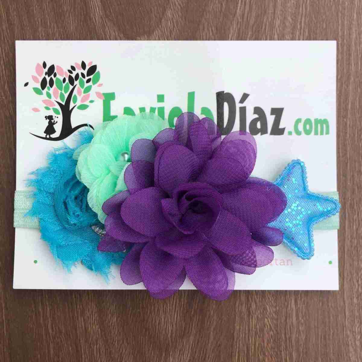 Vincha Menta, Turquesa y Morada con Estrellas y Flores de Sirena 1 Vincha Menta, Turquesa y Morada con Estrellas y Flores de Sirena