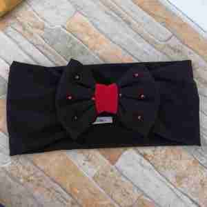 Vincha Negra Turbante con Lazo Negro y Puntos Rojos