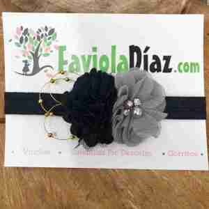 Vincha Negra y Gris con Flores
