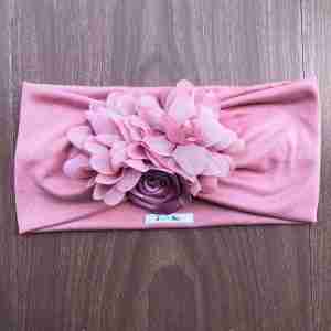 Vincha Palo Rosa Turbante con 3 Flores Beatriz