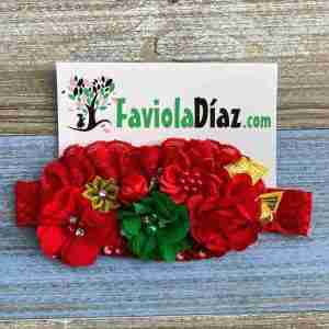 Vincha Roja, Verde y Dorado de Encaje con Flores Alexia