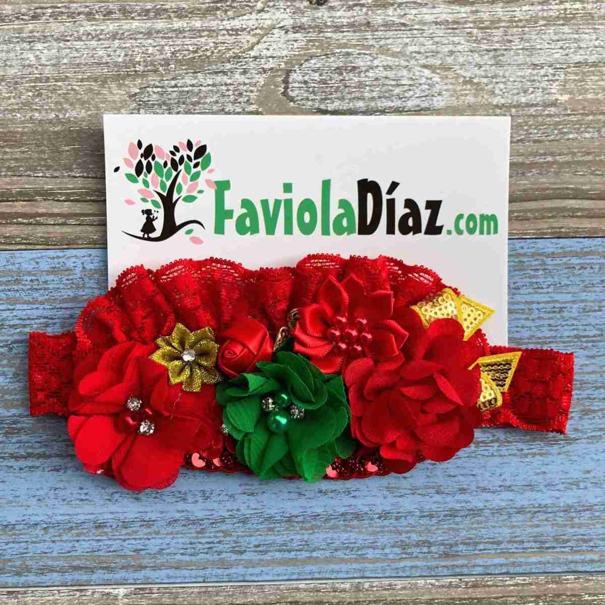 Vincha Roja, Verde y Dorado de Encaje con Flores Alexia 1 Vincha Roja, Verde y Dorado de Encaje con Flores Alexia