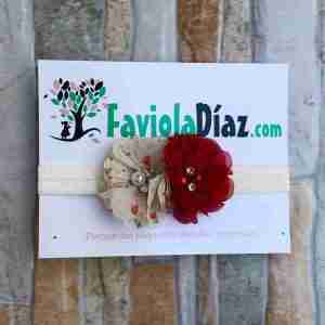 Vincha Roja y Beige con Flores Bianca