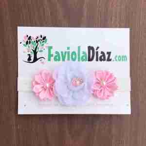 Vincha Rosada y Blanca con 3 Flores y Perlas