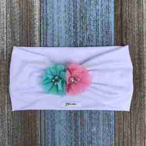 Vincha Turbante Blanca con 2 Flores Menta y Rosada Celia