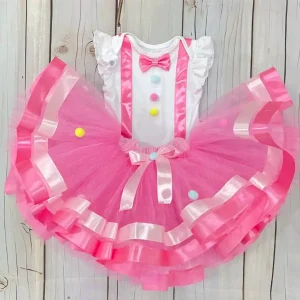 Conjunto Rosado de Tutu y Mameluco con Pom Poms
