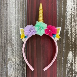 Diadema de Unicornio Rosada con Flores  Lila, Menta y Fucsia