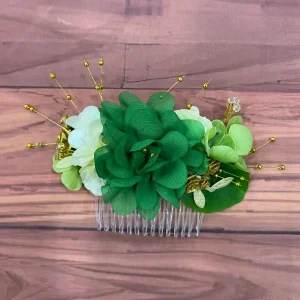 Peineta de Flores Verde, Blanco Hueso y Dorado