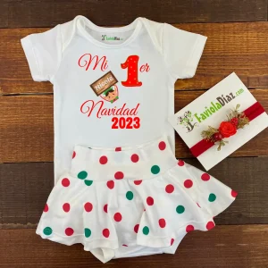 Conjunto de Calzón Falda Vincha y Mameluco Mi Primer Navidad Nombre