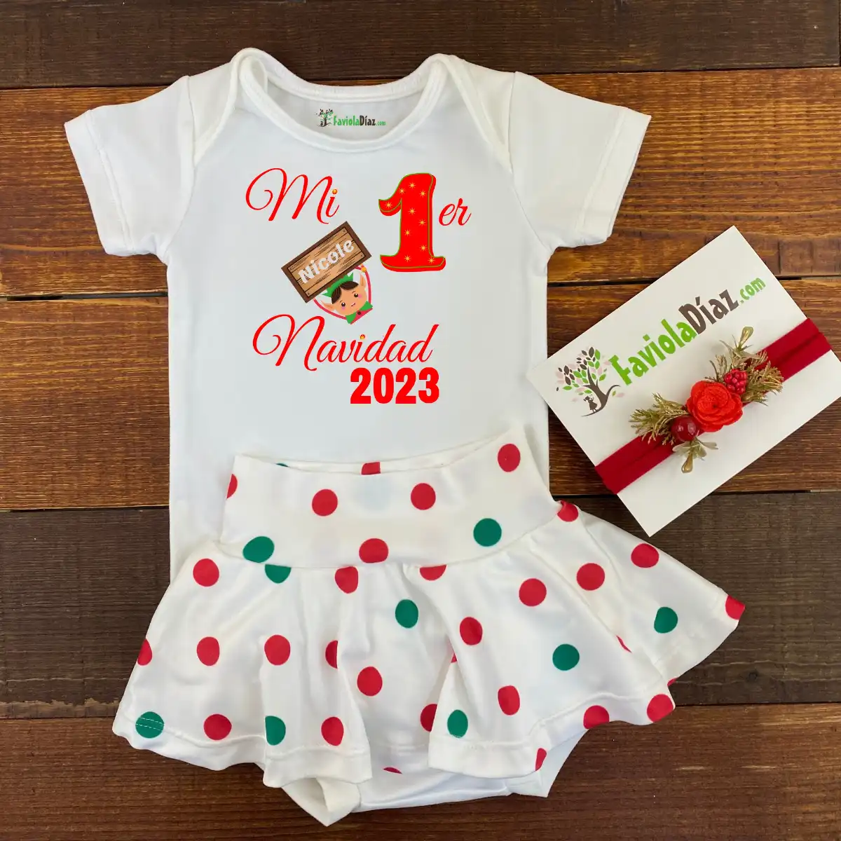 Conjunto de Calzón Falda Vincha y Mameluco Mi Primer Navidad Nombre 1 Conjunto de Calzón Falda Vincha y Mameluco Mi Primer Navidad Nombre