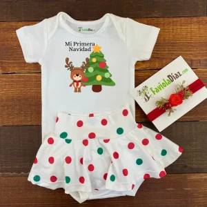 Conjunto de Calzón Falda Vincha y Mameluco Mi Primera Navidad Árbol Y Reno