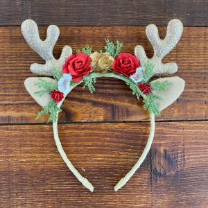 Diadema Dorada de Reno con Flores Rojas y Blancas