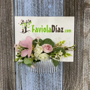 Peineta de Flores Verde, Palo Rosa y Beige