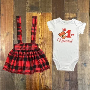 Set de Mameluco Mi Primer Navidad con Nombre y Falda de Tirantes Roja de Cuadros